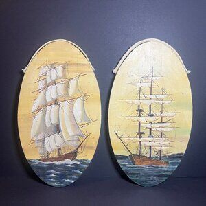 VTG Set of 2 Nina Barbieri SIGNED Wooden Sailing Clipper Ships Nautical Wall Art
